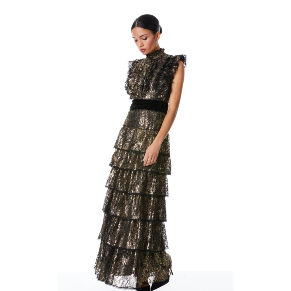 $1300 Alice + Olivia Tahara Gold Metallic Ruffle Sleeve Tiered Maxi Dress Gown S - Picture 4 of 13